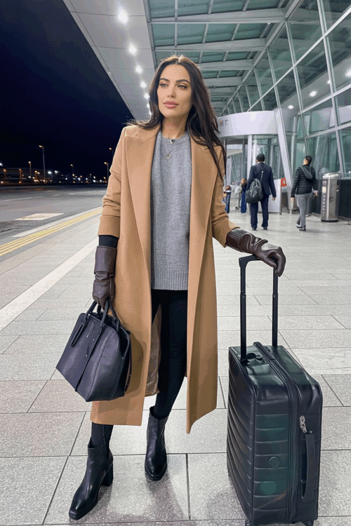 Woman wearing a long camel wool coat over a soft gray sweater and black leggings, styled with leather gloves, ankle boots, and a structured handbag