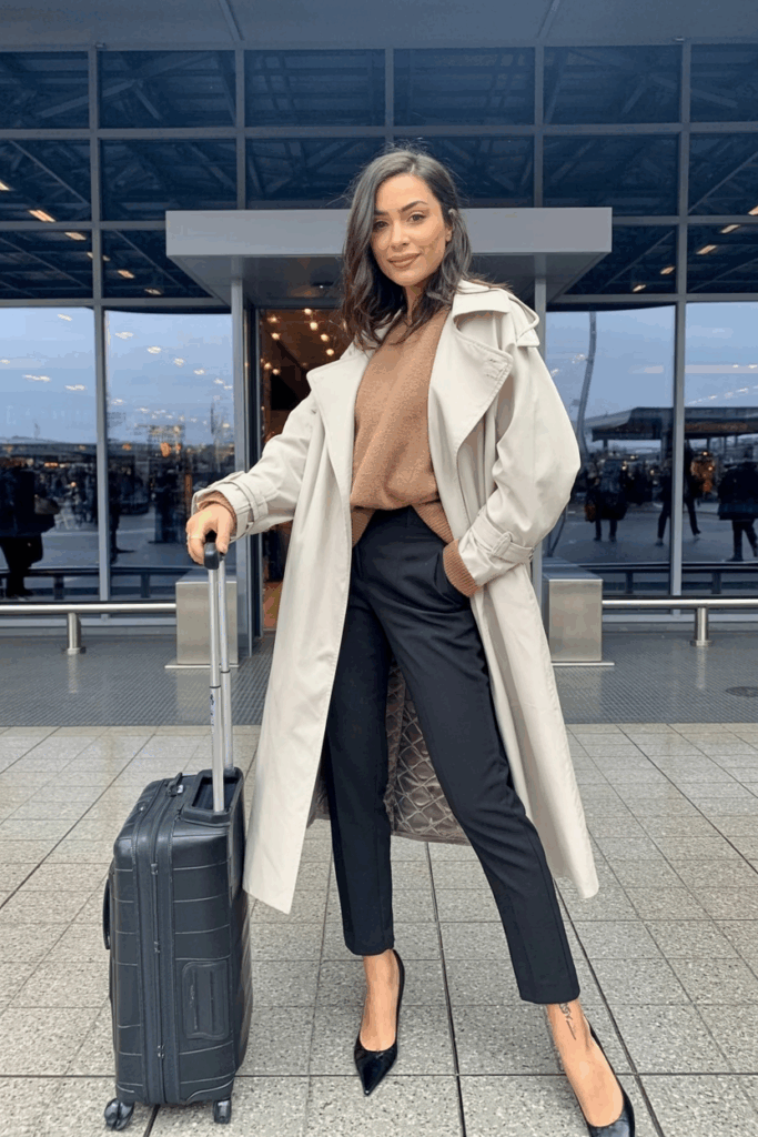 Woman in an oversized cream trench coat with quilted lining, layered over a beige sweater and tailored black pants, wearing pointed toe flats and holding a scar
