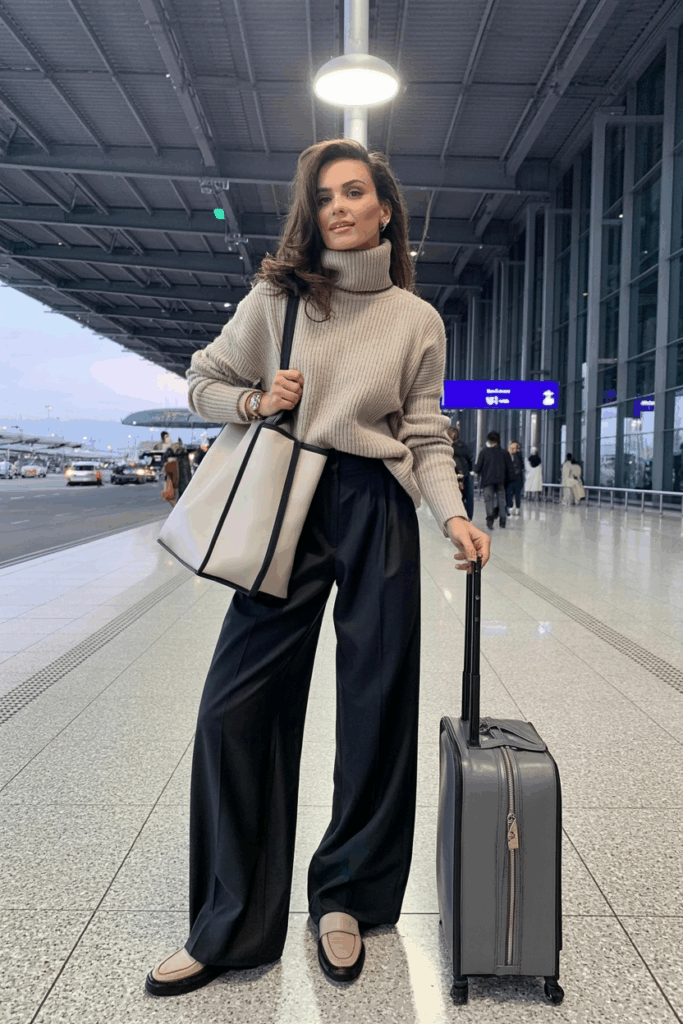Woman dressed in a beige turtleneck knit sweater tucked into wide-leg bamboo fiber pants, finished with slip-on loafers and a structured tote bag,