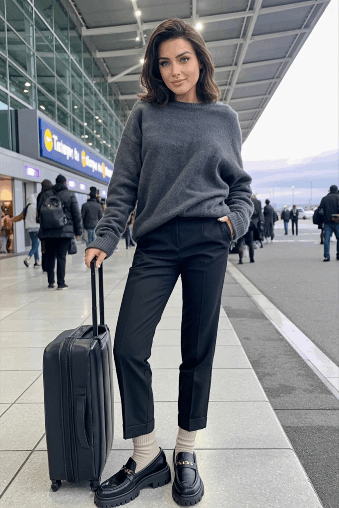 oman wearing chunky black leather loafers with socks paired with slim black trousers and a cozy knit sweater