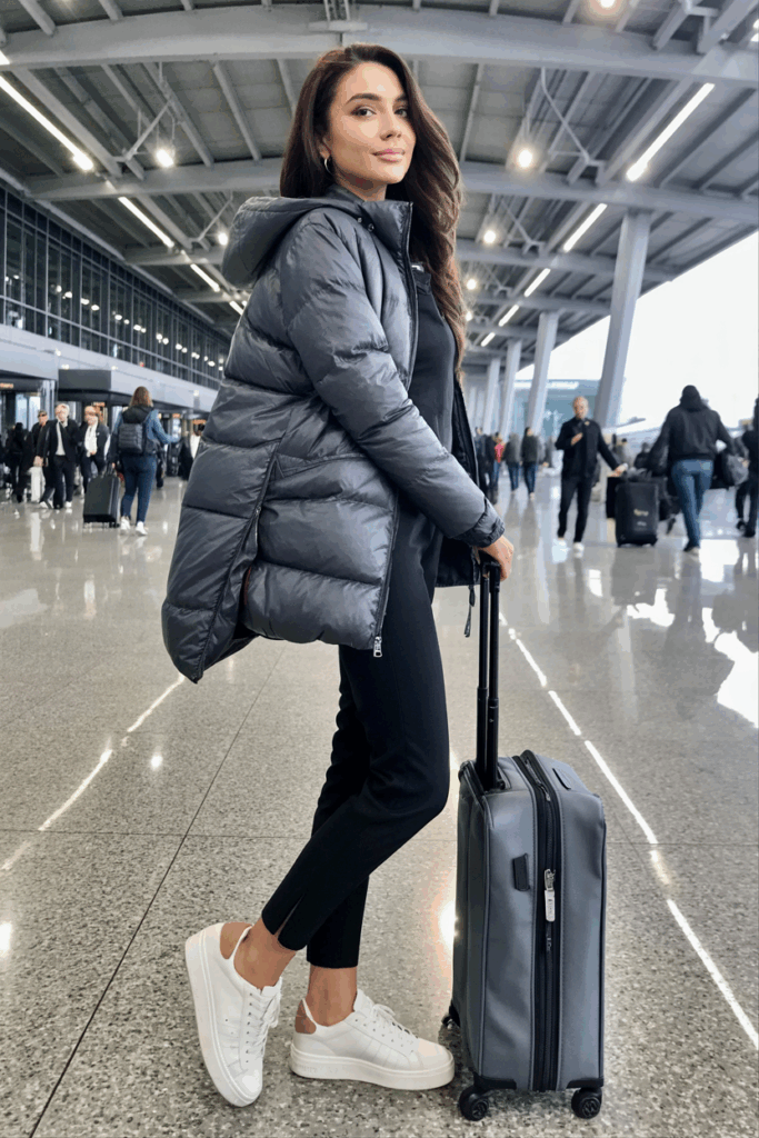 oman walking through the terminal in white leather sneakers with suede accents, combined with tapered black pants and a puffer jacket, carrying a carry-on bag