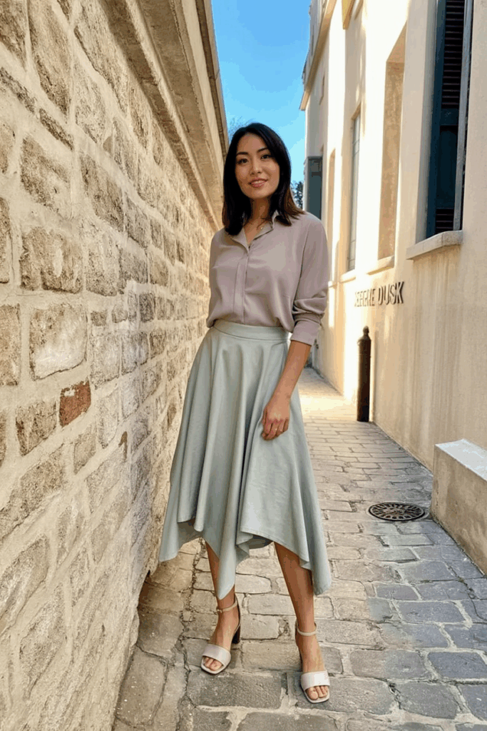 woman wearing a muted pastel midi skirt with an asymmetrical hem
