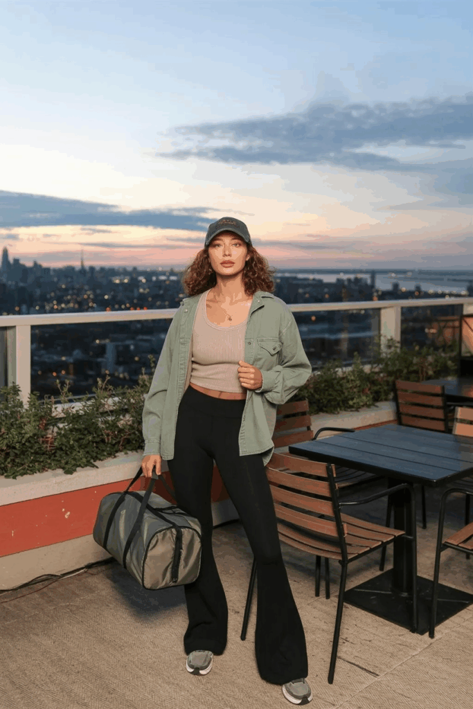 A woman wearing black flare leggings, a beige ribbed tank, and a sage green overshirt. She wears gray trainers, a canvas baseball cap, and carries a nylon duffel bag