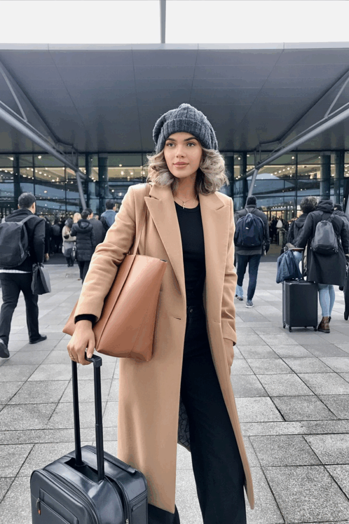 woman adjusting a gray wool beanie over soft waves, wearing a long camel coat and holding a tan leather tote