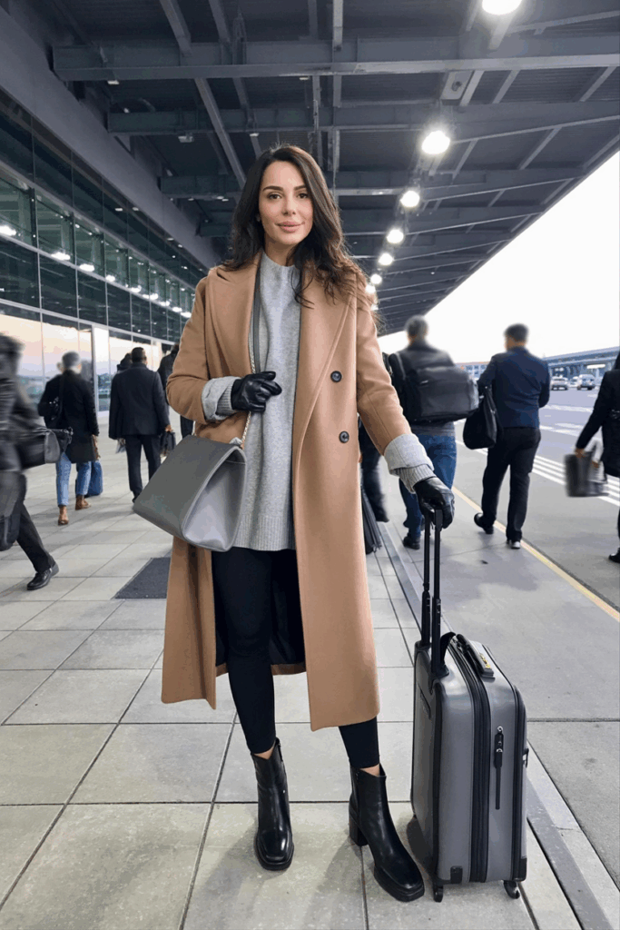 Woman wearing a long camel wool coat over a soft gray sweater and black leggings, styled with leather gloves, ankle boots, and a structured handbag