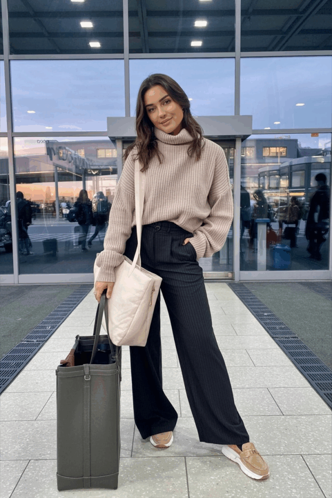 Woman dressed in a beige turtleneck knit sweater tucked into wide-leg bamboo fiber pants, finished with slip-on loafers and a structured tote bag,