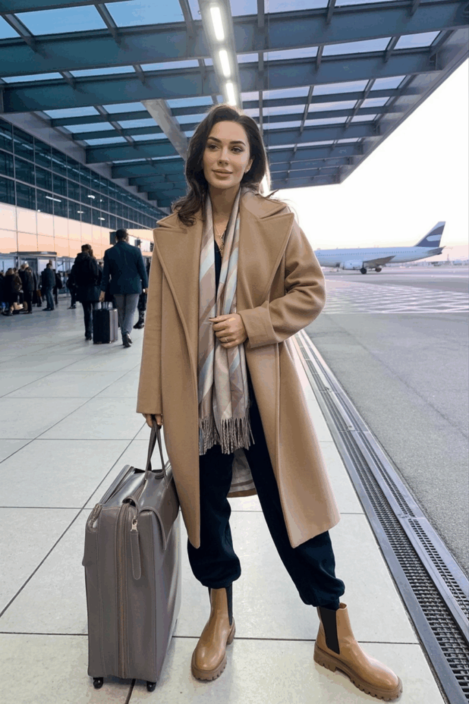 Woman slipping on tan Chelsea boots paired with relaxed-fit joggers and a wool coat, accessorized with a matching handbag and scarf