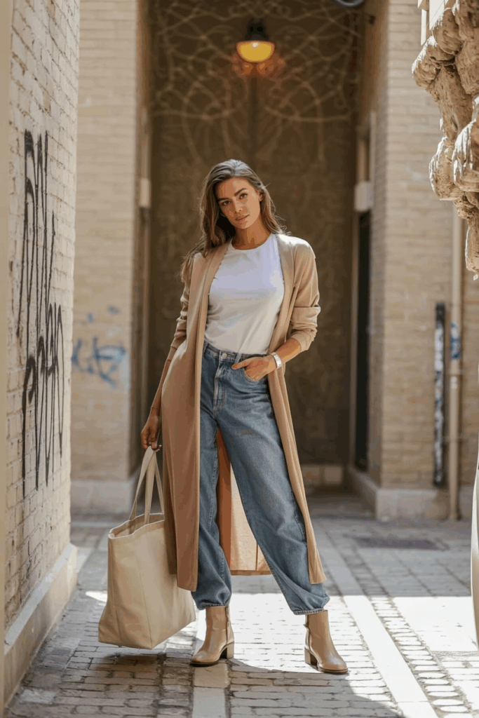 A woman wearing a long camel cardigan over a white tee and baggy jeans, beige ankle boots, a canvas tote bag,