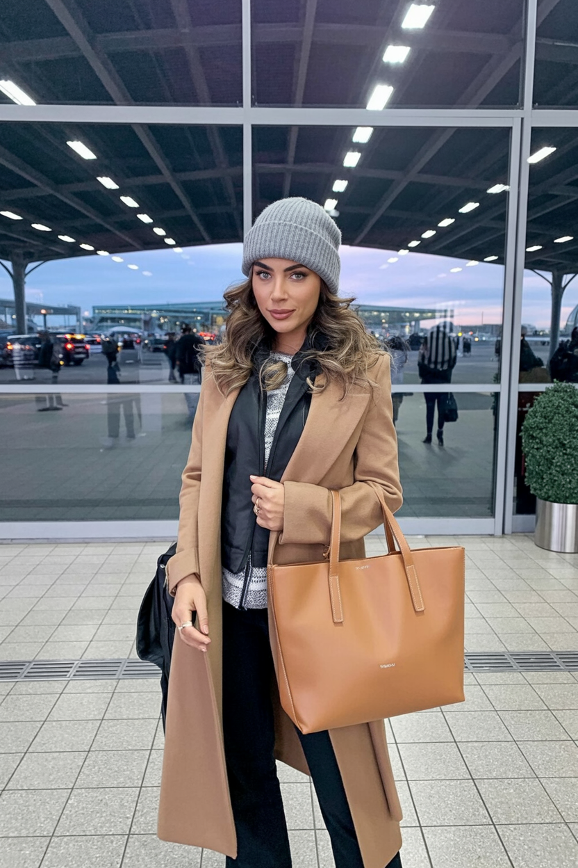 woman adjusting a gray wool beanie over soft waves, wearing a long camel coat and holding a tan leather tote