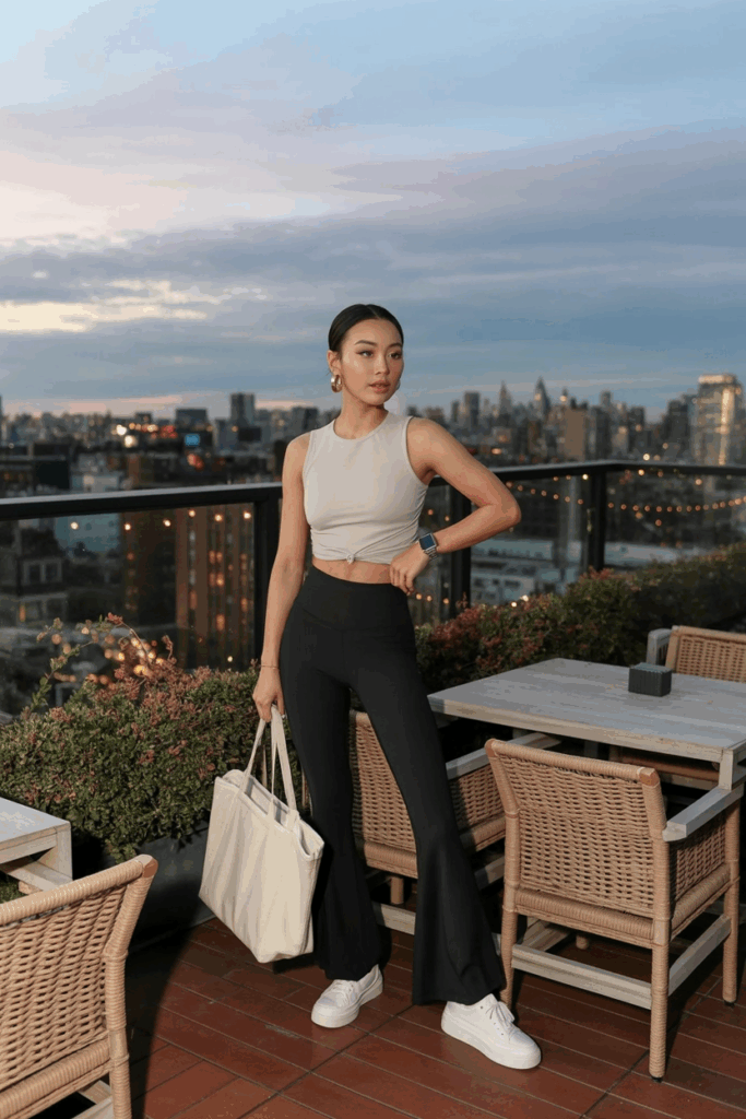 woman in sleek, high-waisted black flare leggings, a tucked-in ivory seamless tank top, white low-top sneakers, and small gold hoops. She carries a canvas tote bag and wears a digital watch