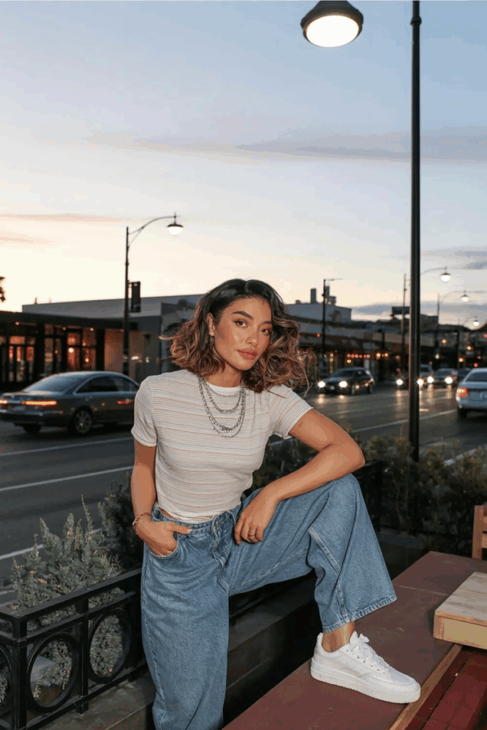A woman wearing mid-wash baggy jeans, a casual striped tee, crisp white sneakers, layered silver necklaces