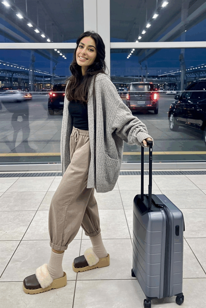 Woman standing near a large window in warm fur-lined clogs and wool socks, paired with relaxed-fit pants and an oversized cardigan, sipping coffee.