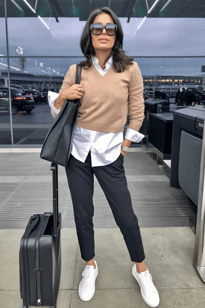 Woman wearing an oatmeal cashmere pullover over a crisp white button-down shirt, paired with black tailored joggers and white sneakers. She accessorizes with a leather tote and oversized sunglasses