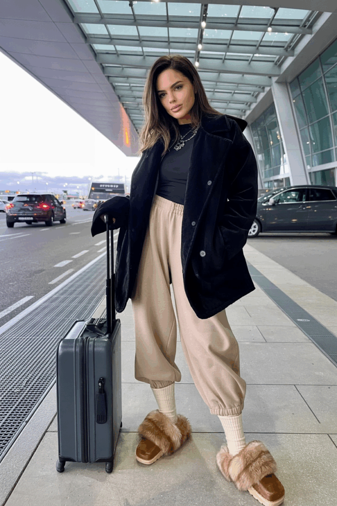 Woman standing near a large window in warm fur-lined clogs and wool socks, paired with relaxed-fit pants and an oversized cardigan