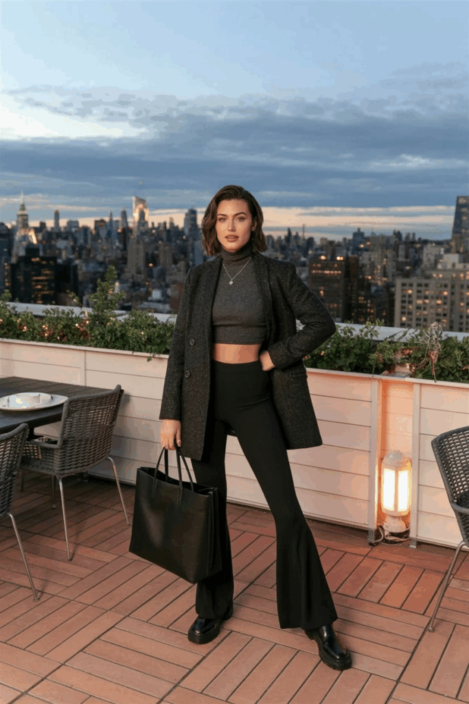 A woman dressed in black flare leggings, a charcoal turtleneck sweater, a dark gray wool coat, and black Chelsea boots. She carries a structured leather tote