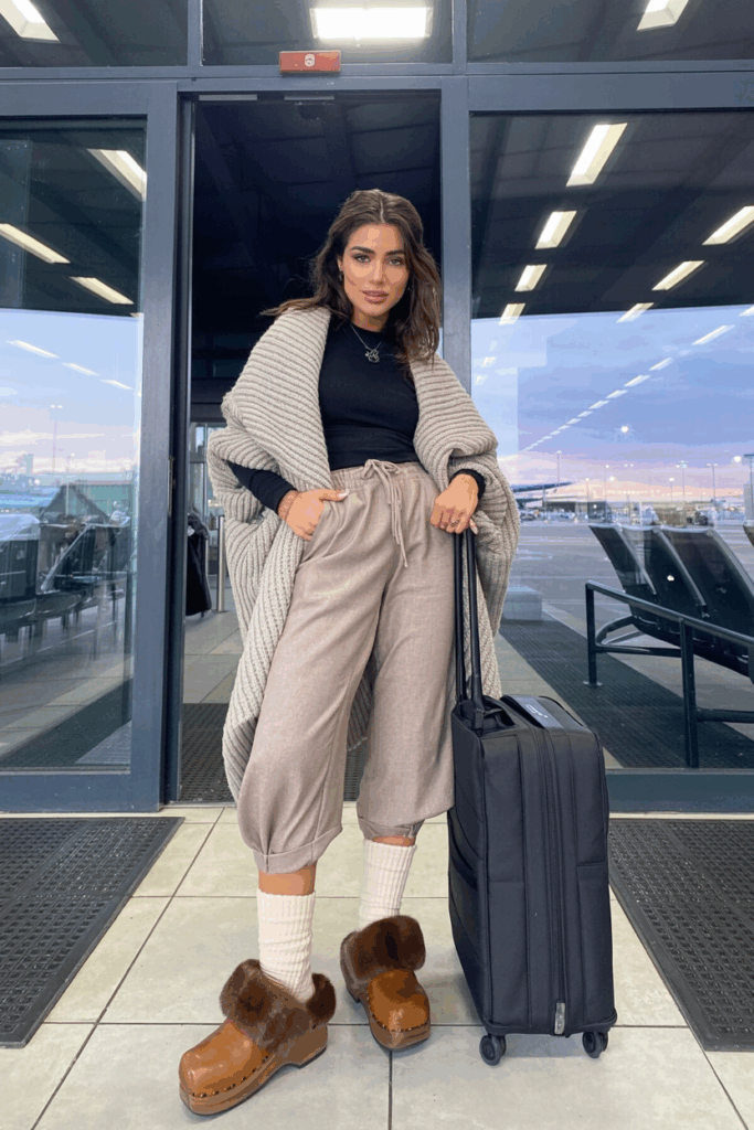 Woman standing near a large window in warm fur-lined clogs and wool socks, paired with relaxed-fit pants and an oversized cardigan