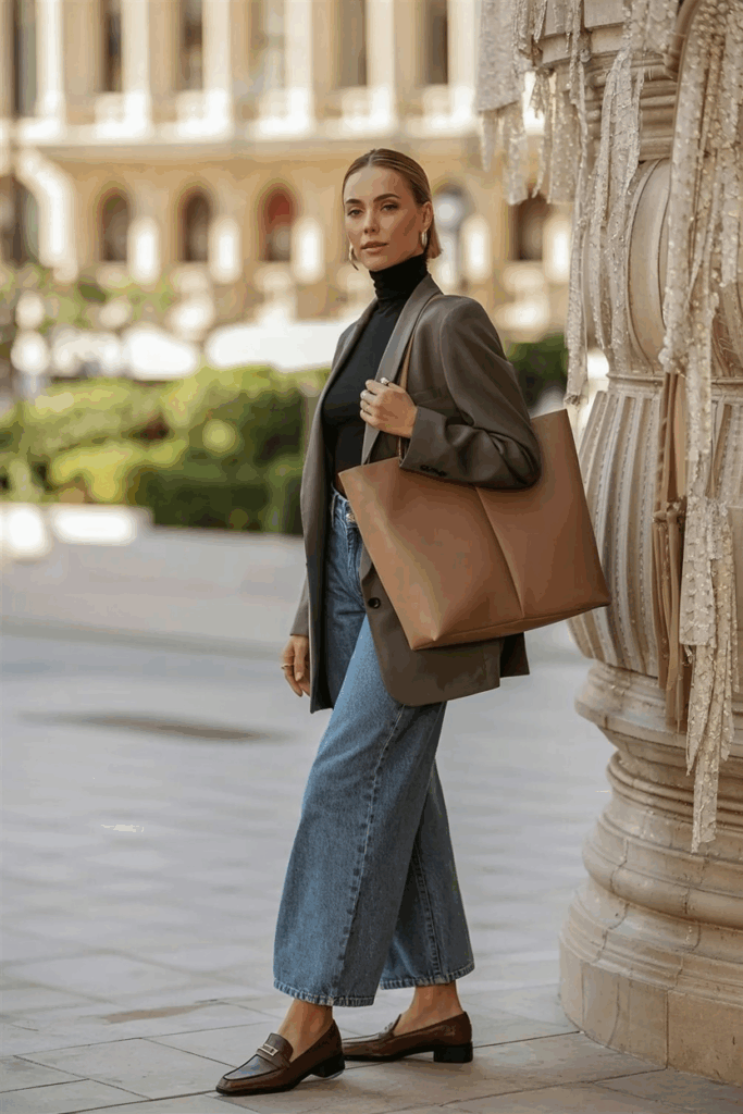 A woman wearing black heeled ankle boots under wide baggy jeans, a fitted black turtleneck, a grey blazer, a leather tote bag