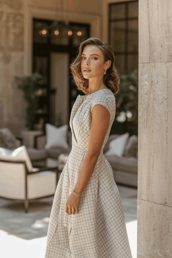 A woman in a beautifully tailored cap sleeved dress