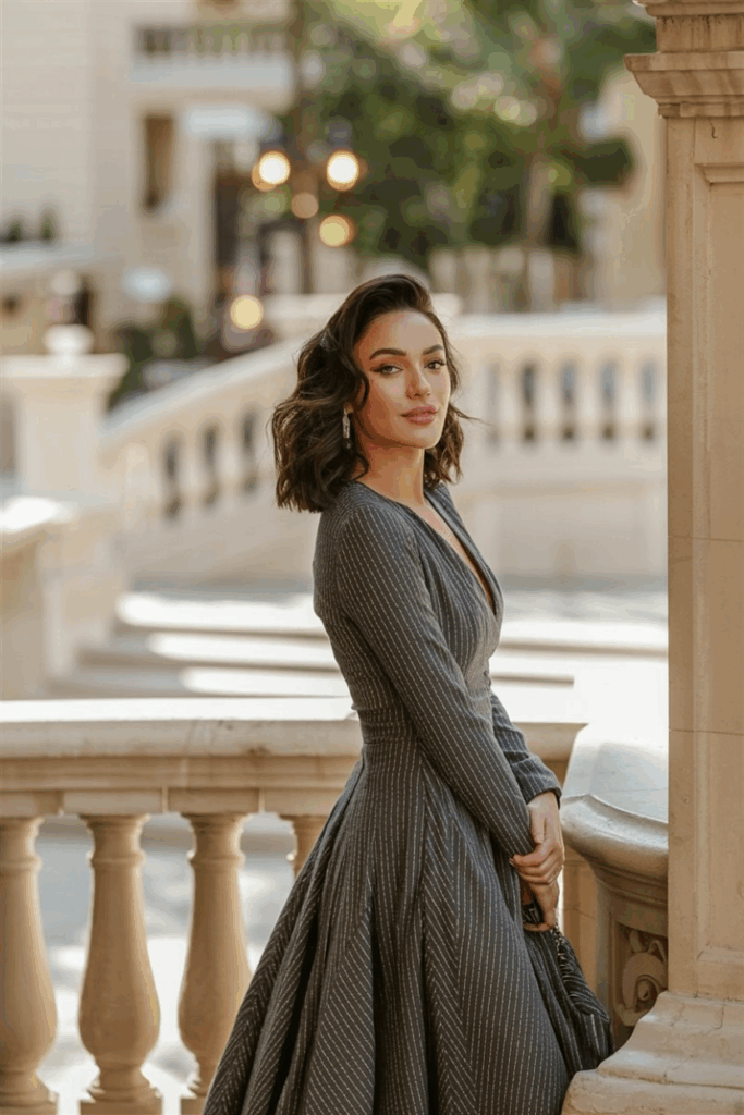 A woman in a beautifully tailored long sleeved dress