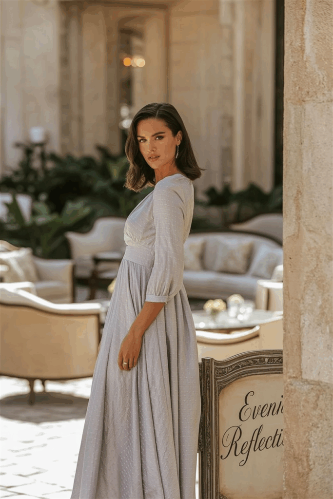 A woman in a soft pastel dress with elegant three-quarter sleeves and an empire waist