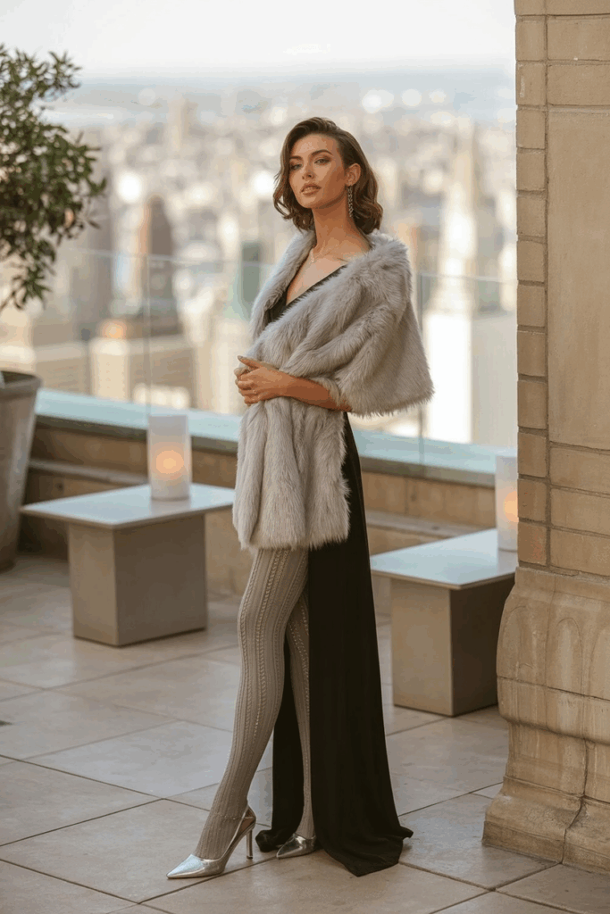 woman wearing a pale gray faux fur stole over a black long-sleeve gown, thick thermal tights, metallic closed-toe heels