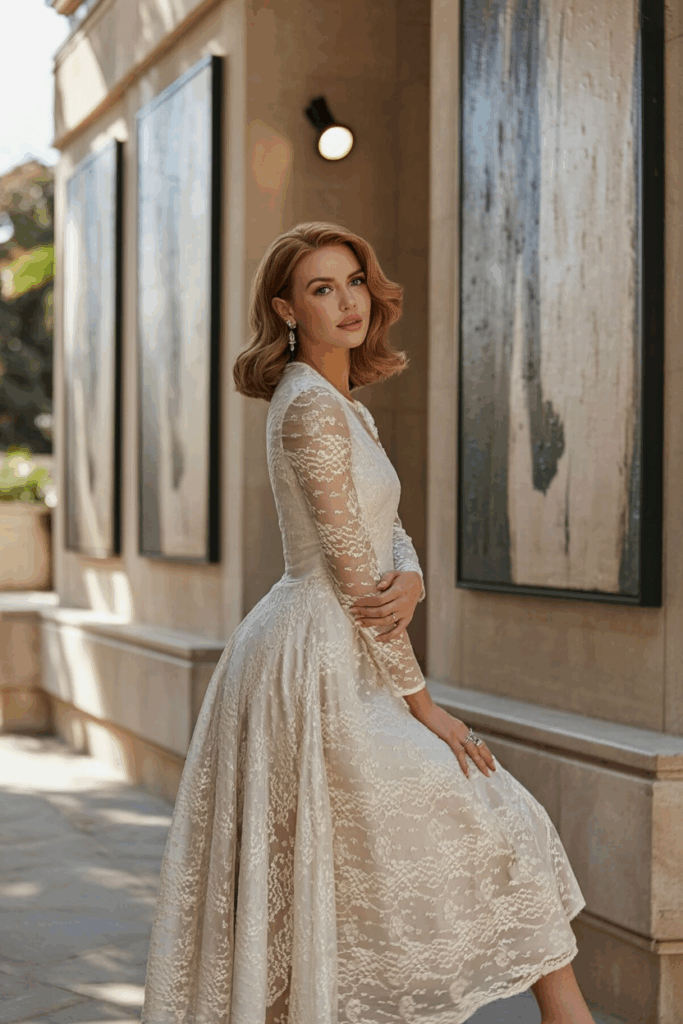 A woman wearing a classic A-line dress with full-length sleeves made of sheer lace