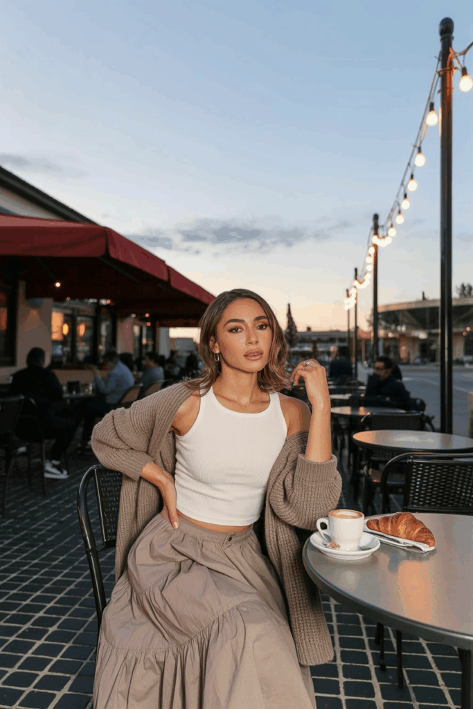 A woman wearing a pale taupe cotton maxi skirt, a fitted white ribbed tank tucked in, and a soft knit cardigan in oatmeal draped over her shoulders.