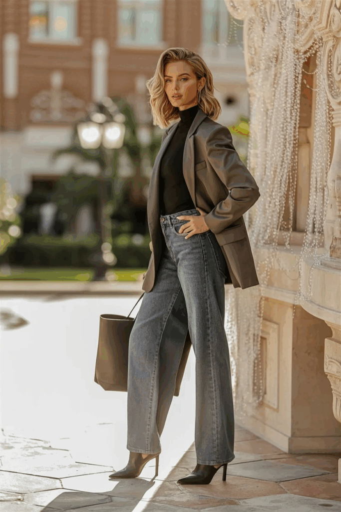 A woman wearing black heeled ankle boots under wide baggy jeans, a fitted black turtleneck, a grey blazer, a leather tote bag