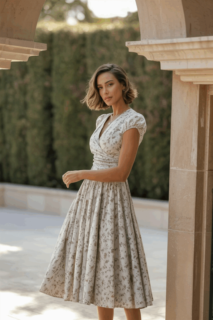 A woman wearing a knee-length floral dress with cap sleeves and a gently cinched waist