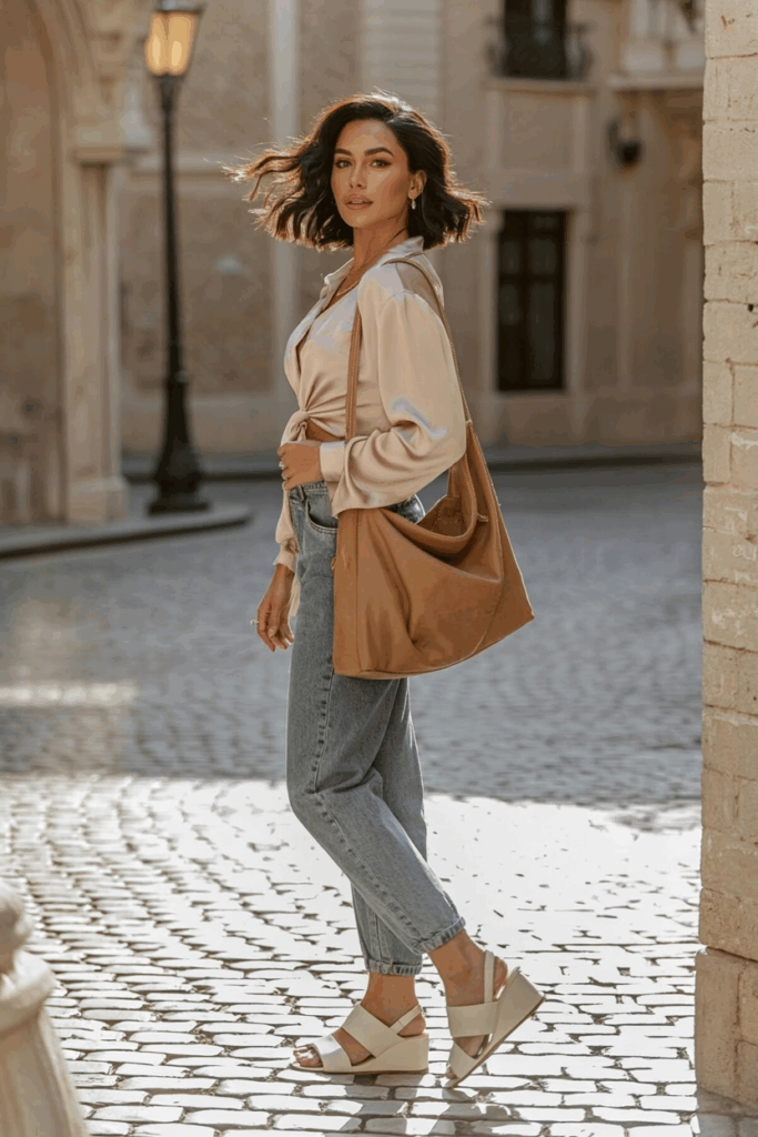 A woman wearing cream leather sandals with thin straps, baggy jeans, a tucked-in silk blouse in pale pink, a tan leather handbag,