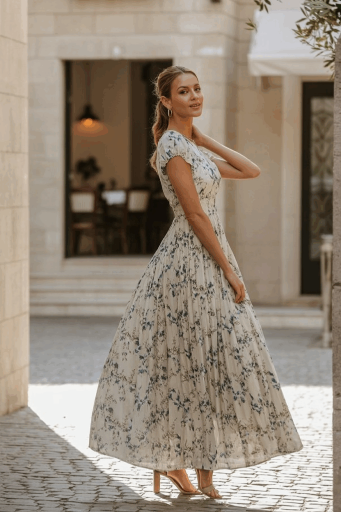 A woman wearing a knee-length floral dress with cap sleeves and a gently cinched waist