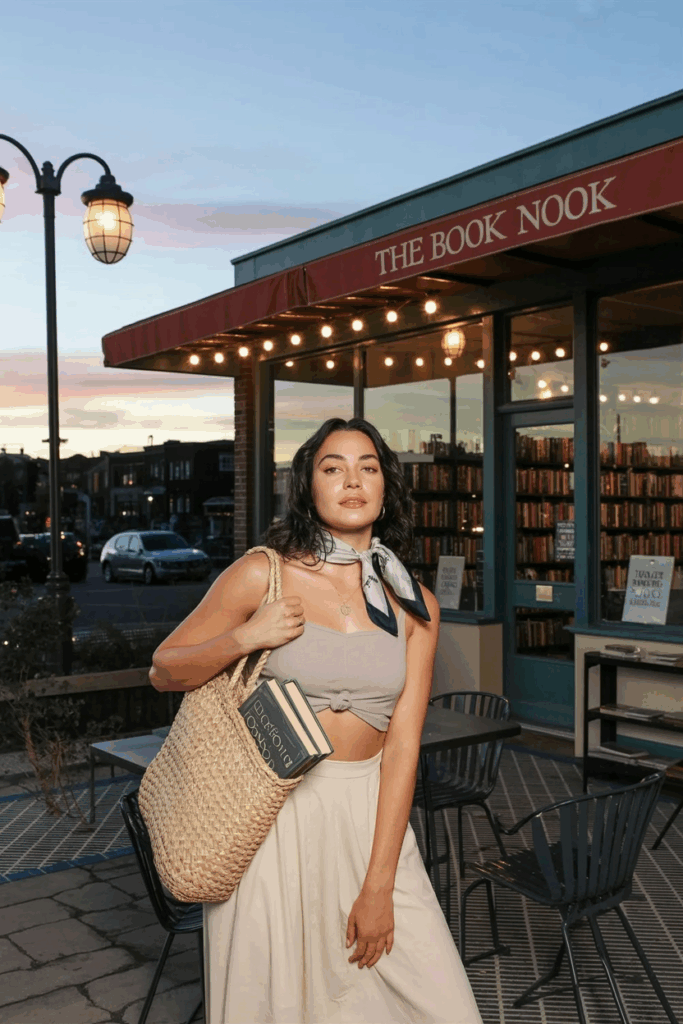 A woman wearing a flowing ivory skirt, tucked top, and a silk scarf tied loosely around her neck. She holds a woven straw tote bag