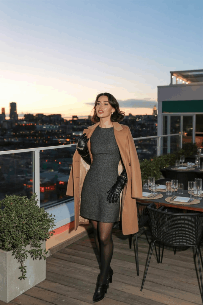A woman wearing a charcoal wool crepe sheath dress, black cashmere tights, layered under a camel overcoat, with leather gloves
