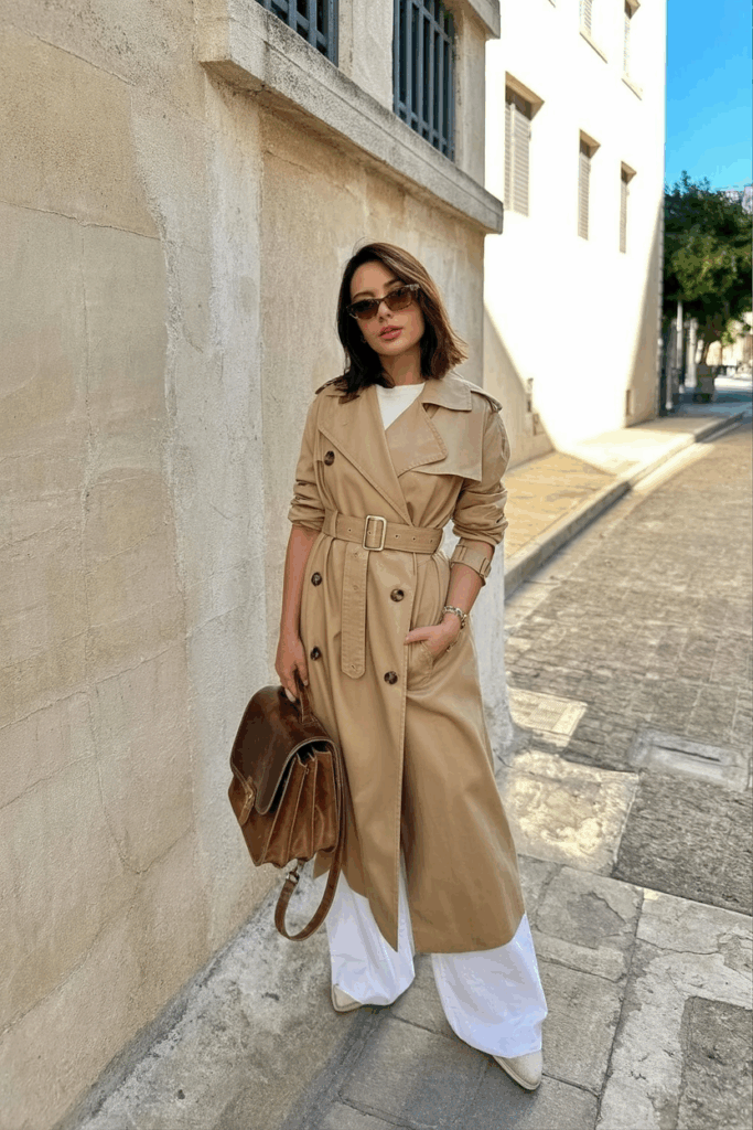 woman in a camel trench coat, belt tied at the waist weating sunglasses and holding a leather satchel