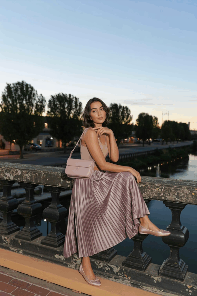 A woman wearing a dusty lavender pleated skirt and nude ballet flats. A soft crossbody bag at her side.