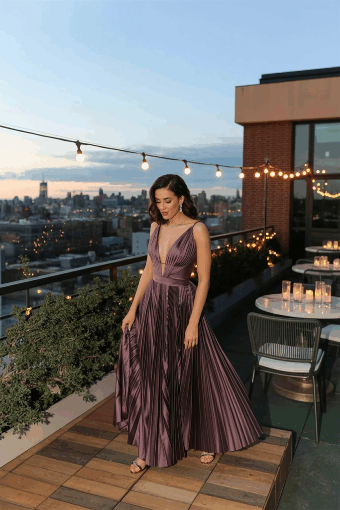 woman in a black tie A-line deep mauve gown with soft pleats