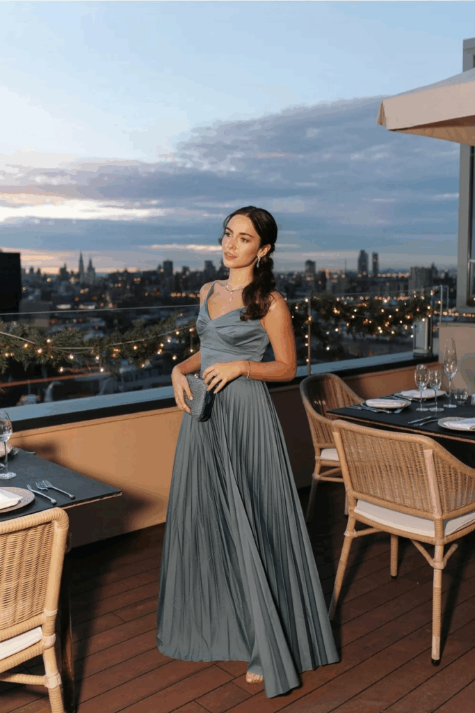 A-line slate green gown with soft pleats