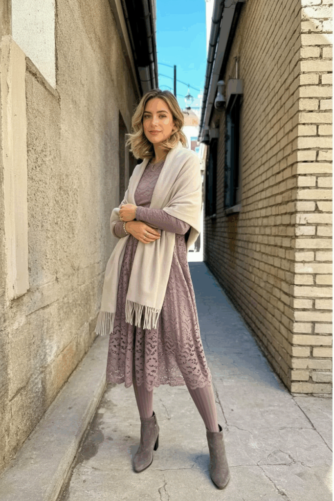 A woman wearing a dusty mauve lace midi dress with long sleeves, thick thermal tights, a matching wool shawl, and gray suede heeled boots