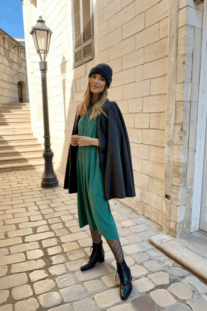 oman wearing a charcoal cape-style coat over a jewel-tone dress, black cashmere tights, black lace-up ankle boots, and a knit beanie