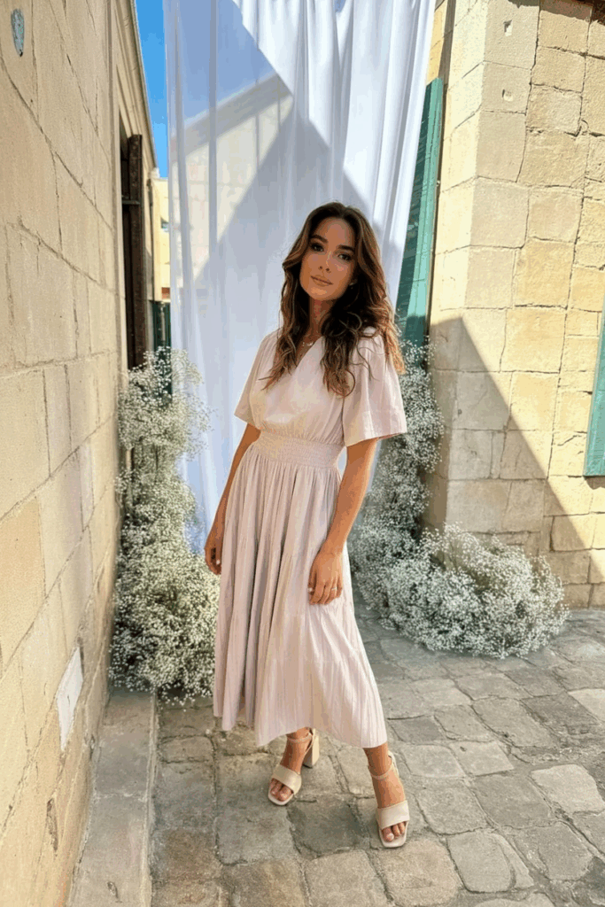 Woman in a pastel midi dress with short sleeves