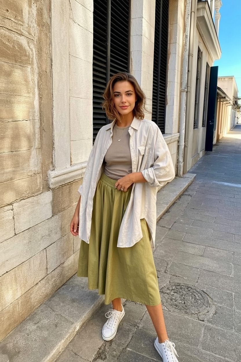 woman wearing a soft olive skirt, tucked beige tee, and an oversized white linen shirt worn open as a light layer