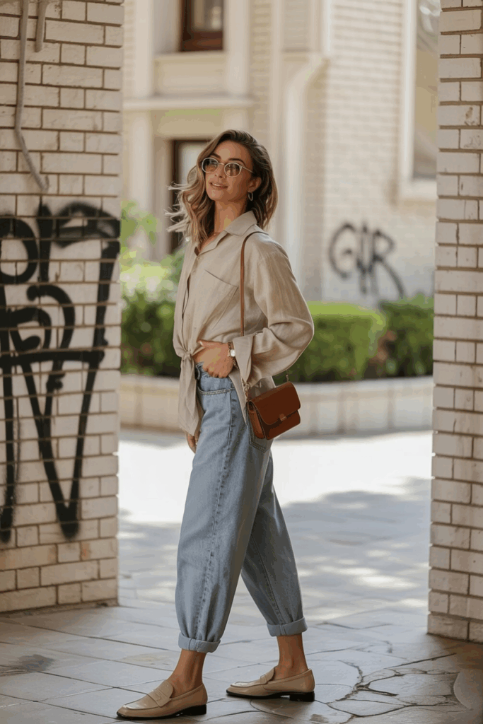 A woman wearing ankle-length baggy jeans softly cuffed, paired with a tucked-in beige linen shirt and tan loafers. She carries a small leather crossbody bag and wears round sunglasses with loose waves