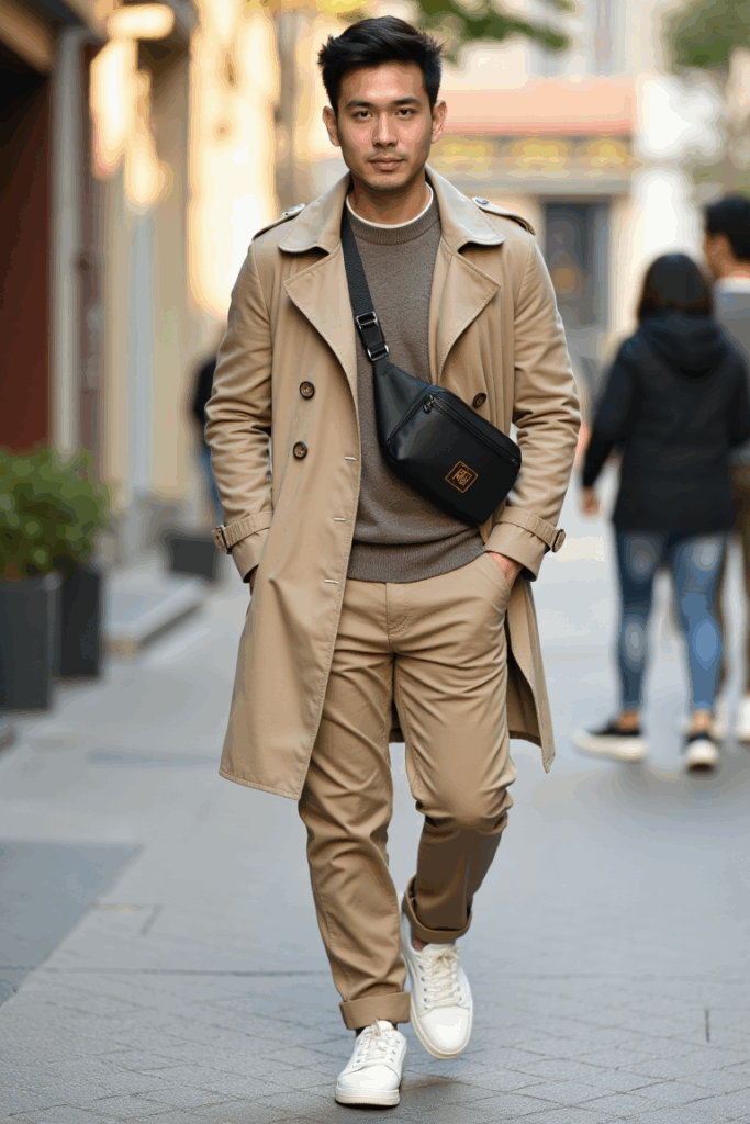 A Sand trench coat layered over a taupe crewneck sweater, beige tapered chinos, white sneakers. Crossbody bag slung across the chest