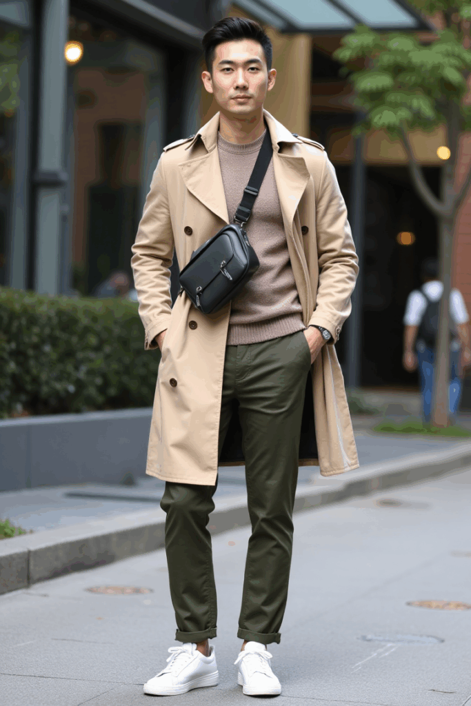 A sand trench coat layered over a taupe crewneck sweater, olive tapered chinos, and white sneakers