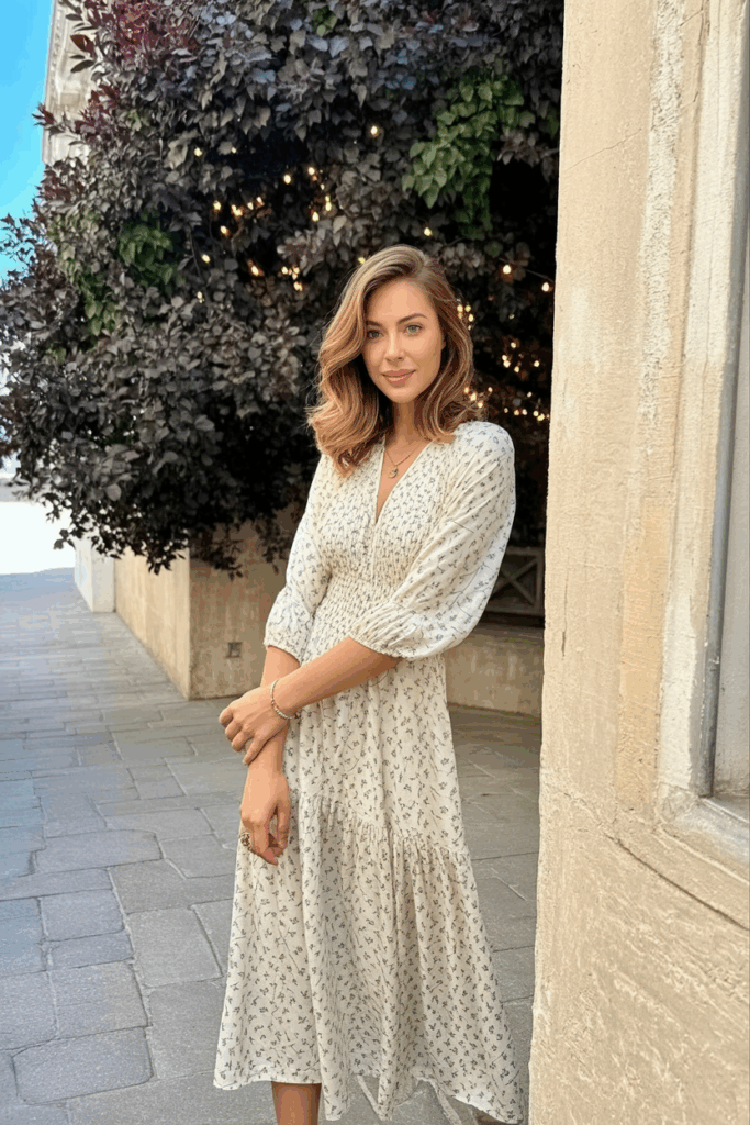 Woman wearing a soft floral print midi dress