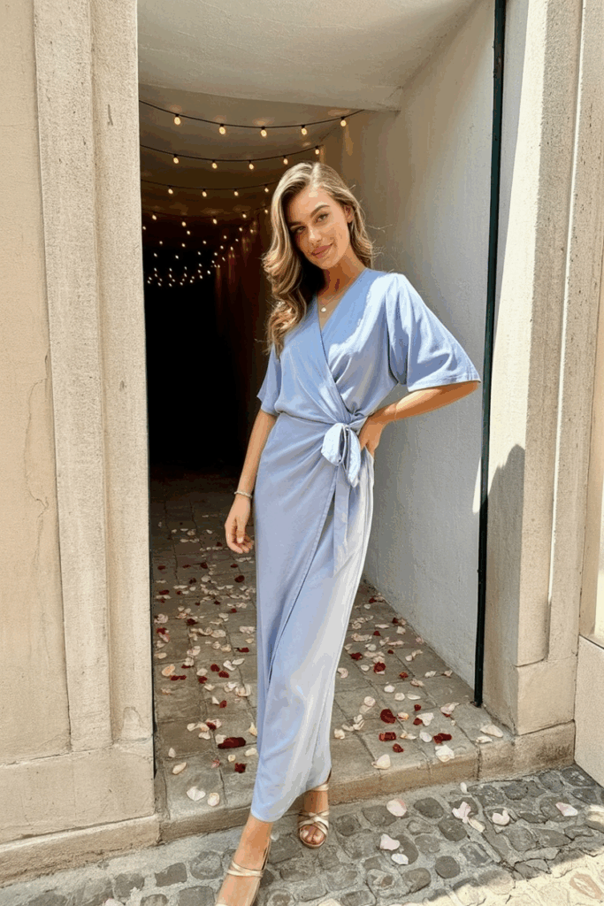 Woman dressed in a pastel lavender wrap dress
