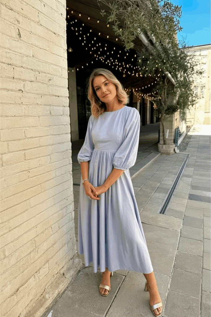 A woman in a soft pastel dress with elegant three-quarter sleeves and an empire waist