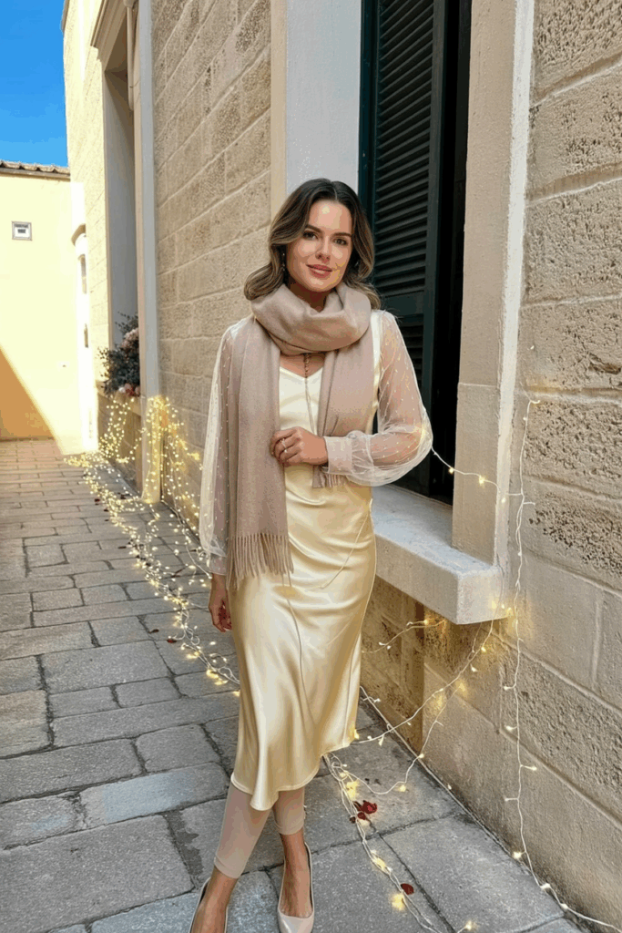 woman wearing a pale champagne satin midi dress with sheer long sleeves layered over nude thermal leggings, a cashmere scarf