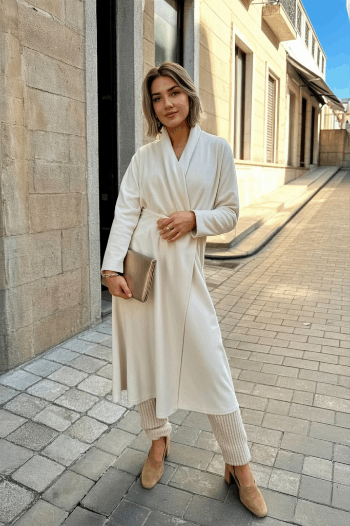 A woman wearing an ivory cashmere wrap dress with a high collar, warm fleece-lined leggings, nude suede block-heeled shoes, and a bronze clutch