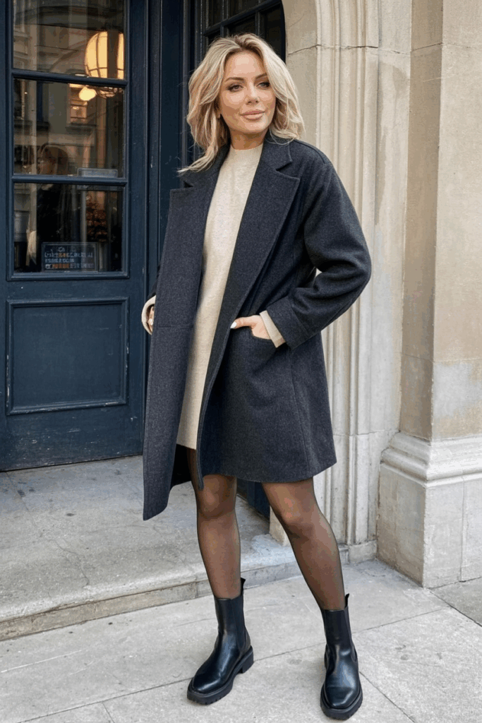 woman wearing a dark charcoal cocoon coat with a loose silhouette. She pairs it with a cream sweater dress, brown tights, and Chelsea boots